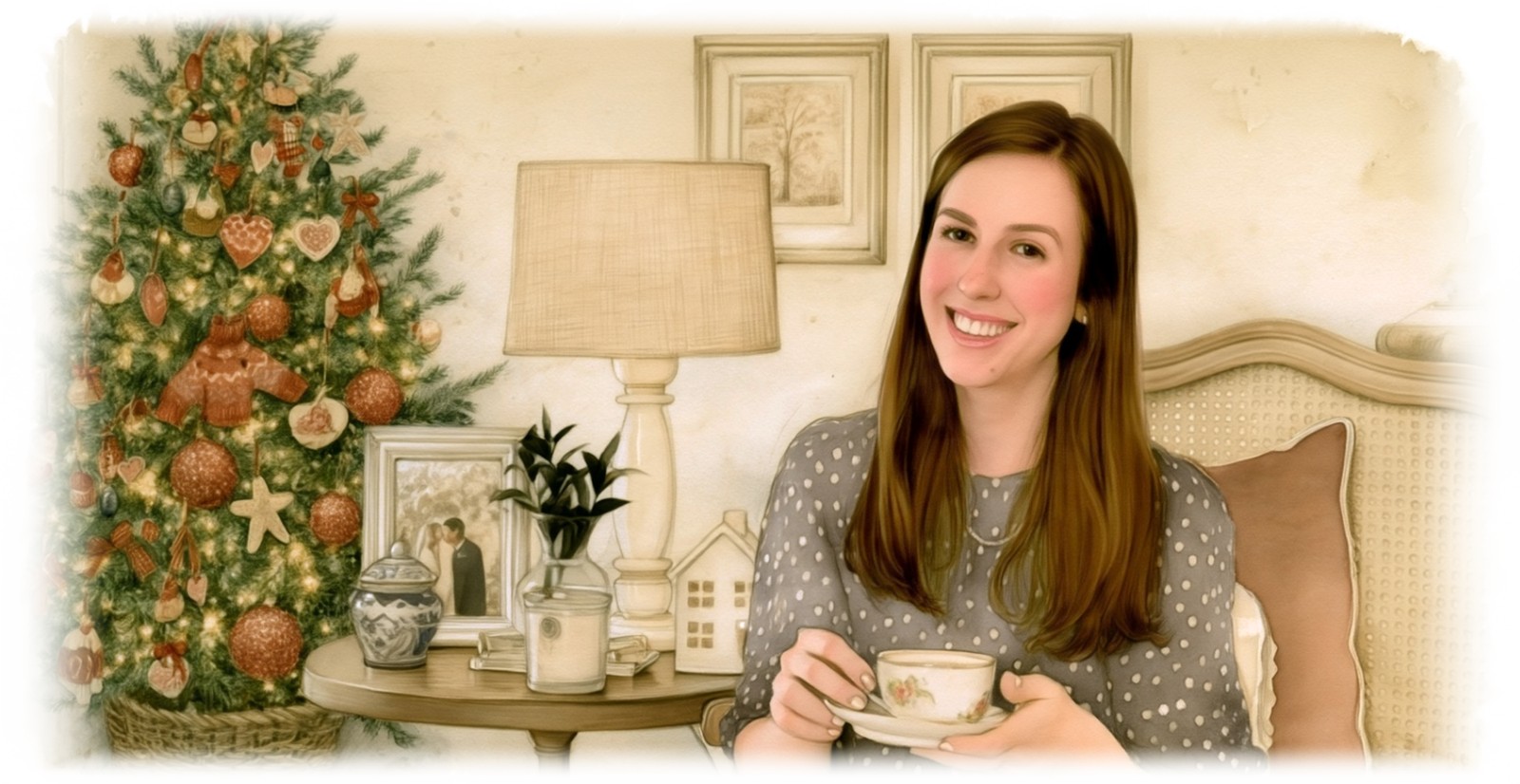 Camila sentada na poltrona da sala, com uma xícara de chá nas mãos, ao lado da árvore de Natal, em aquarela.