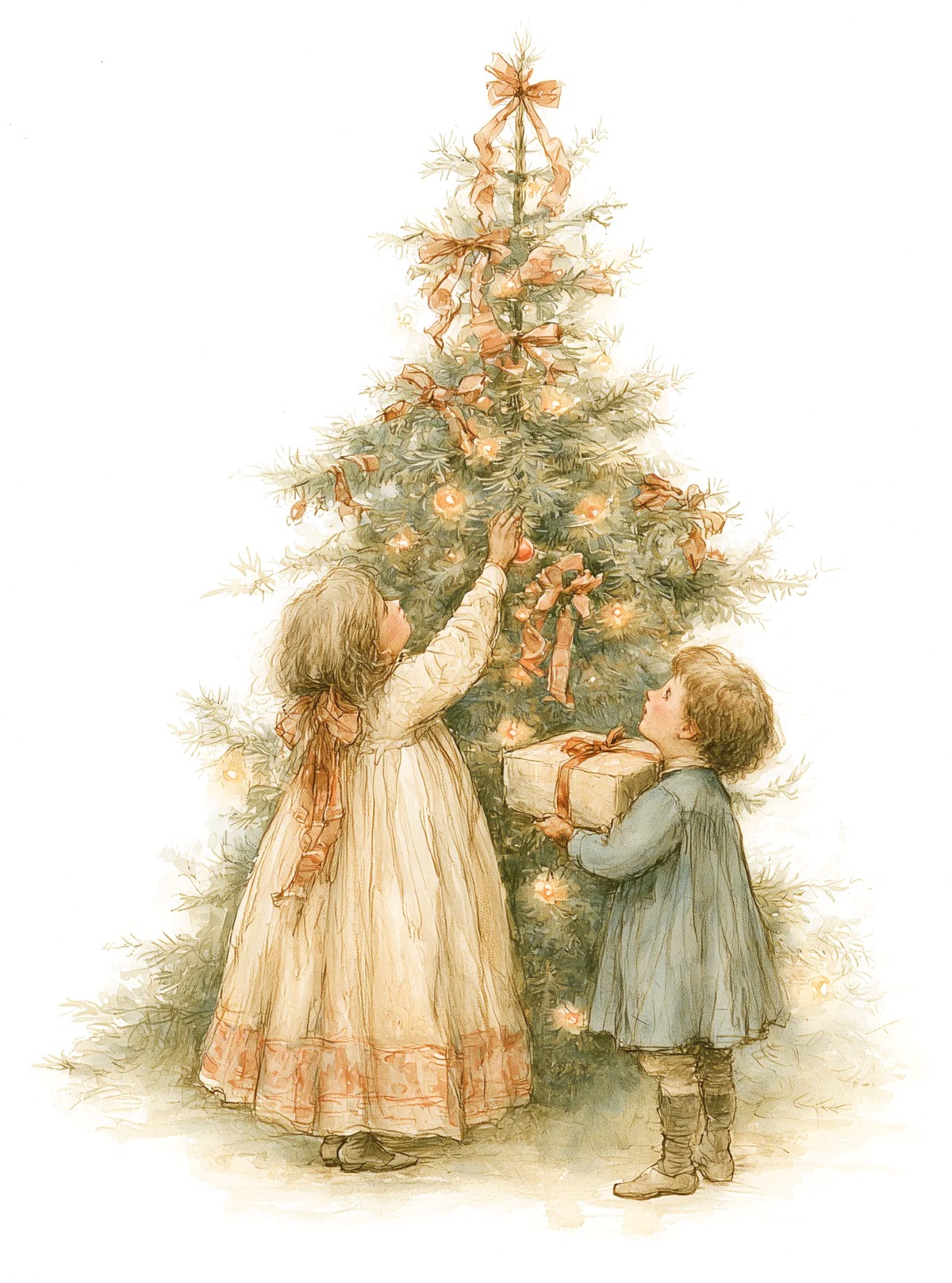 Duas crianças enfeitando a árvore de Natal, em aquarela.